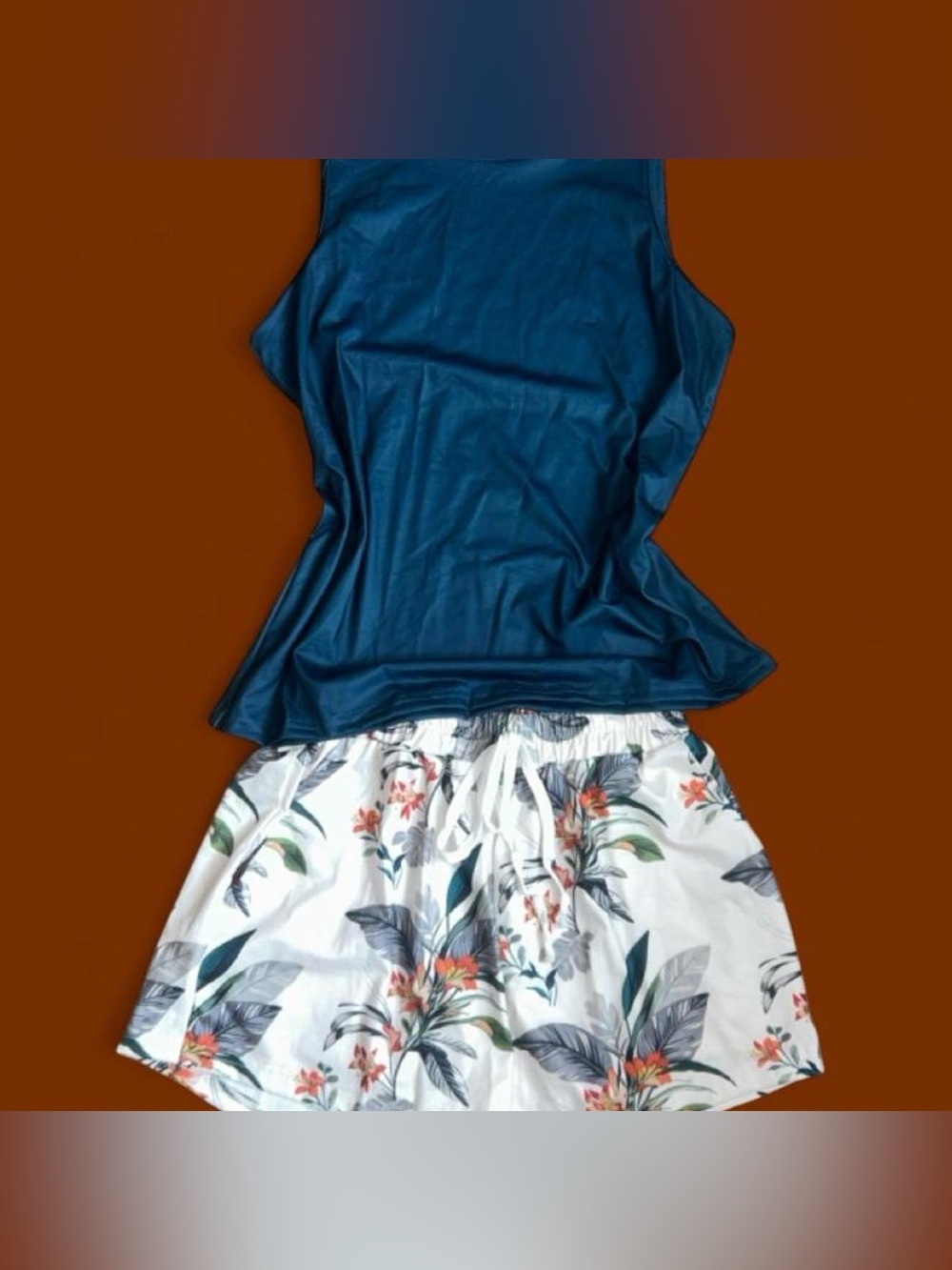 SHEIN White Floral Circle Skirt with Teal and Green Leaf Print